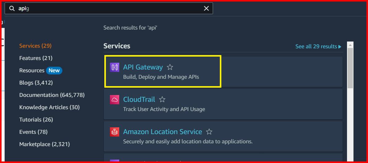 Picture showing the API Gateway service in the search result